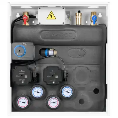 Zestaw mieszający PrimoBox AZB 251 w szafce, zawór obrotowy z siłownikiem ARM 141, zawór termostatyczny ATM 561 AFRISO 7625100