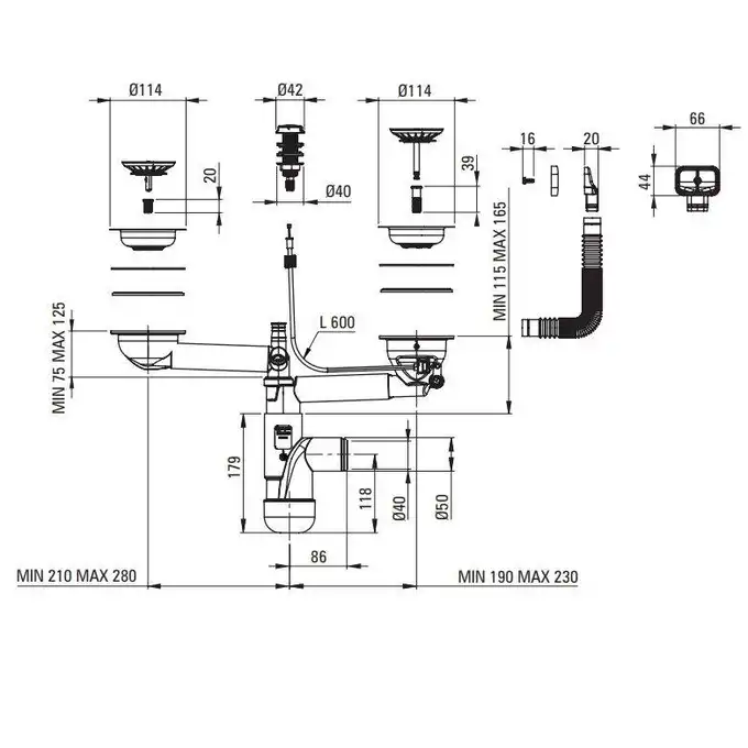 Zlewozmywak stal podblatowy EGERIA satyna 1,5-komorowy B/O 580x440x200 3,5&quot; + osprzęt SPACE SAVER DEANTE ZPE_050C