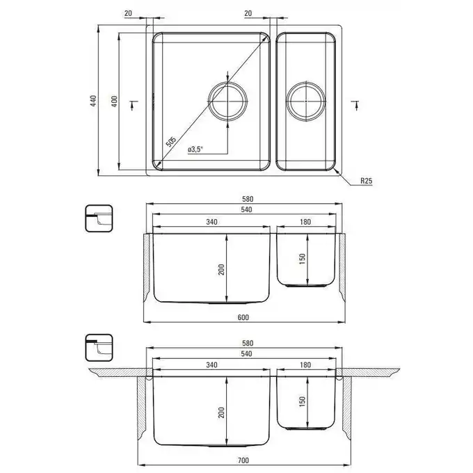 Zlewozmywak stal podblatowy EGERIA satyna 1,5-komorowy B/O 580x440x200 3,5&quot; + osprzęt SPACE SAVER DEANTE ZPE_050C