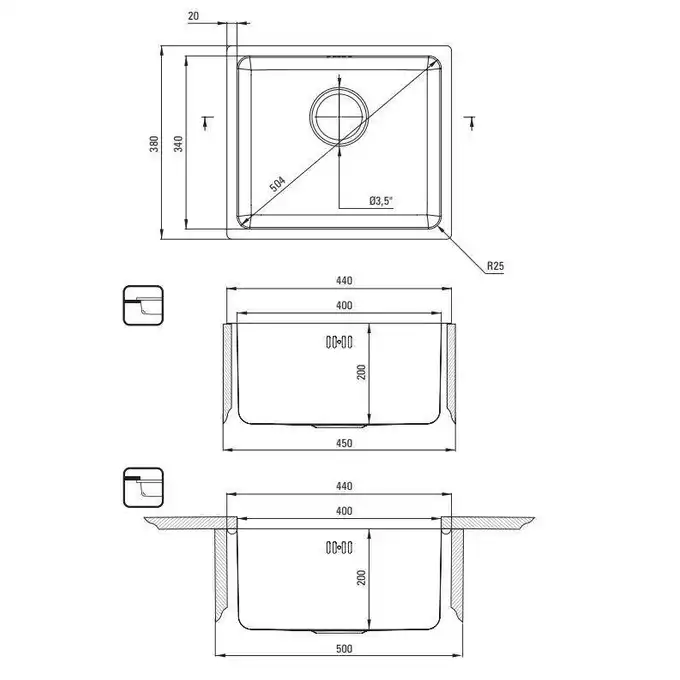 Zlewozmywak stal podblatowy EGERIA satyna 1-komorowy B/O 380x440x200 3,5&quot; + osprzęt SPACE SAVER DEANTE ZPE_010A