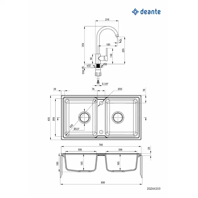 Zlewozmywak ZORBA grafitowy granit 2-kom. B/O 780x435x180, 3,5&quot; + osprzęt + Bateria NEMEZJA z wylewką &quot;U&quot; DEANTE ZQZA2203