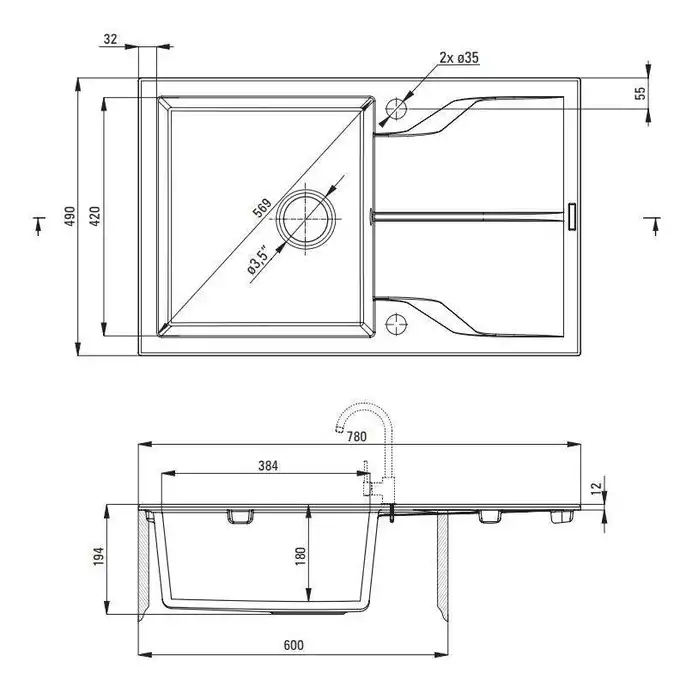 Zlewozmywak ANDANTE grafit metalik granit 1-komorowy Z/O 780x490x194, 3,5&quot; + osprzęt SPACE SAVER DEANTE ZQN_G113