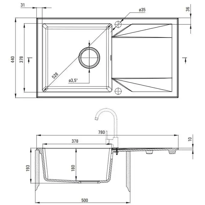 Zlewozmywak EVORA piaskowy granit 1-komorowy Z/O 780x440x193, 3,5&quot; + osprzęt SPACE SAVER DEANTE ZQJ_7113