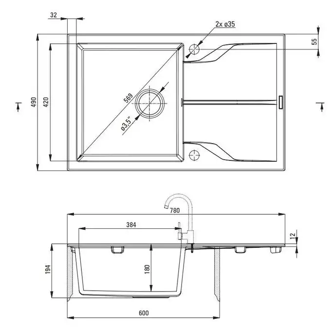 Zlewozmywak ANDANTE alabaster granit 1-komorowy Z/O 780x490x194, 3,5&quot; + osprzęt SPACE SAVER DEANTE ZQN_A113