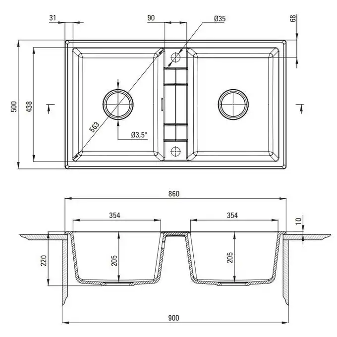 Zlewozmywak ERIDAN nero granit 2-komorowy B/O 860x500x220, 3,5&quot; + osprzęt SPACE SAVER LUX DEANTE ZQE_N203