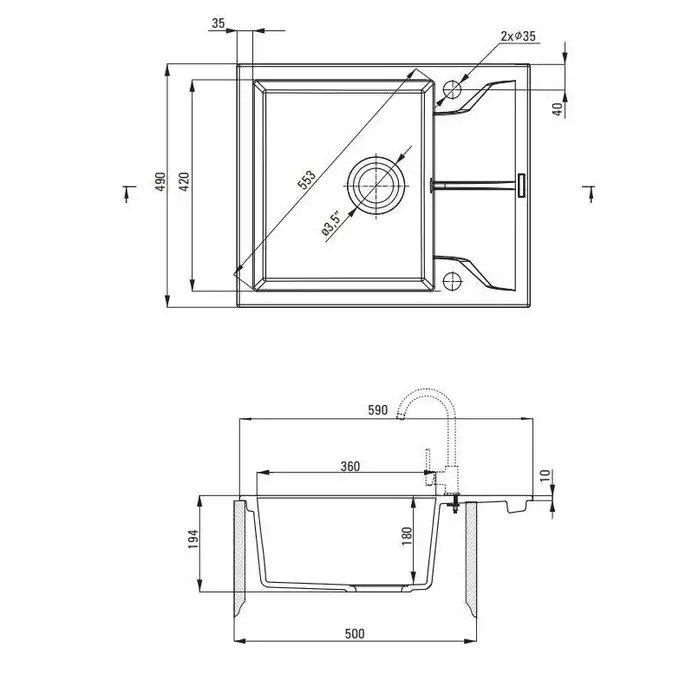 Zlewozmywak ANDANTE szary metalik granit 1-komorowy Z/KO 590x490x194, 3,5&quot; + osprzęt SPACE SAVER DEANTE ZQN_S11A