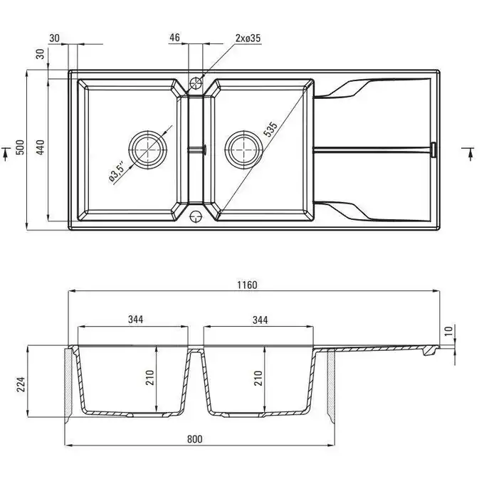 Zlewozmywak ANDANTE piaskowy granit 2-komorowy Z/O 1160x500x224, 3,5&quot; + osprzęt SPACE SAVER DEANTE ZQN_7213