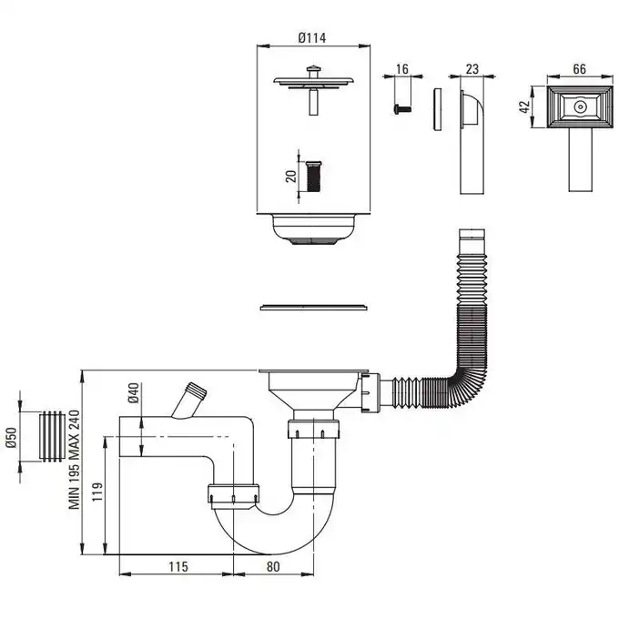 Zlewozmywak TECHNO satyna 1-kom. Z/KO 580x510x150, 3,5&quot; + osprzęt DEANTE ZMU_0113