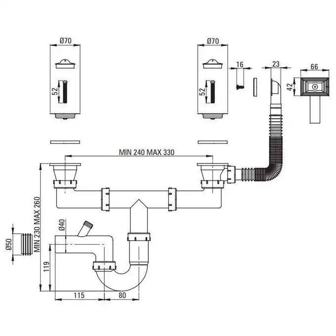 Zlewozmywak TECHNO satyna 2-kom. Z/O 1165x500x130, 2&quot;+ osprzęt DEANTE ZEU_0210