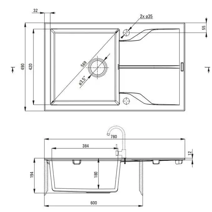 Zlewozmywak ANDANTE grafitowy granit 1-komorowy Z/O 780x490x194, 3,5&quot; + osprzęt SPACE SAVER DEANTE ZQN_2113