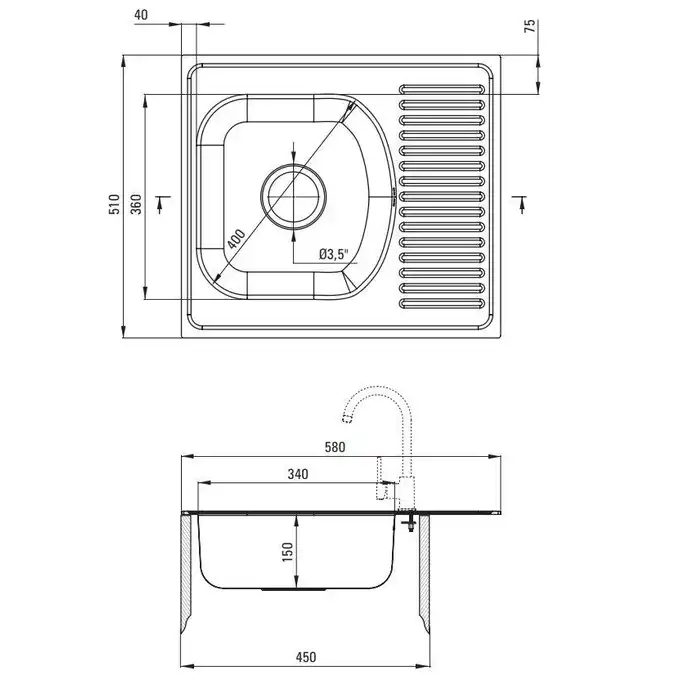 Zlewozmywak TECHNO dekor 1-kom. Z/KO 580x510x150, 3,5&quot; + osprzęt DEANTE ZMU_3113