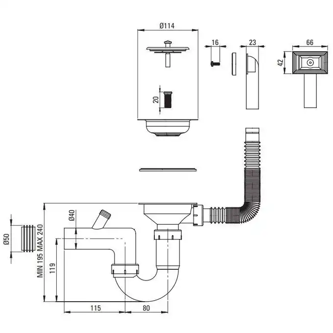 Zlewozmywak TECHNO satyna 1-kom. B/O 500x400x150, 3,5&quot; + osprzęt DEANTE ZEU_010A