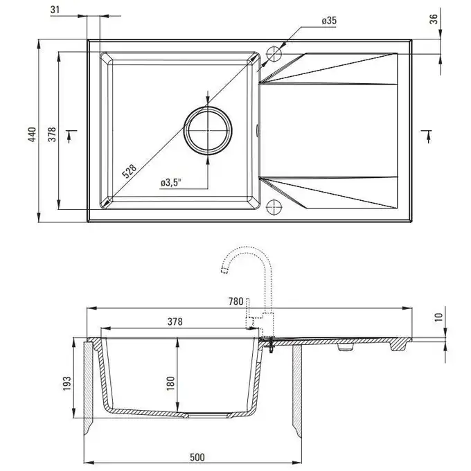 Zlewozmywak EVORA beż granit 1-komorowy Z/O 780x440x193, 3,5&quot; + osprzęt SPACE SAVER DEANTE ZQJ_5113