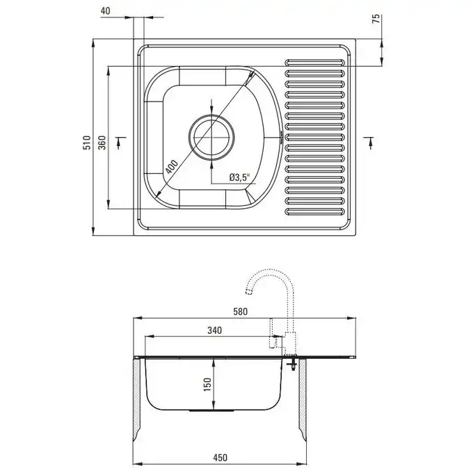 Zlewozmywak TECHNO satyna 1-kom. Z/KO 580x510x150, 3,5&quot; + osprzęt DEANTE ZMU_0113