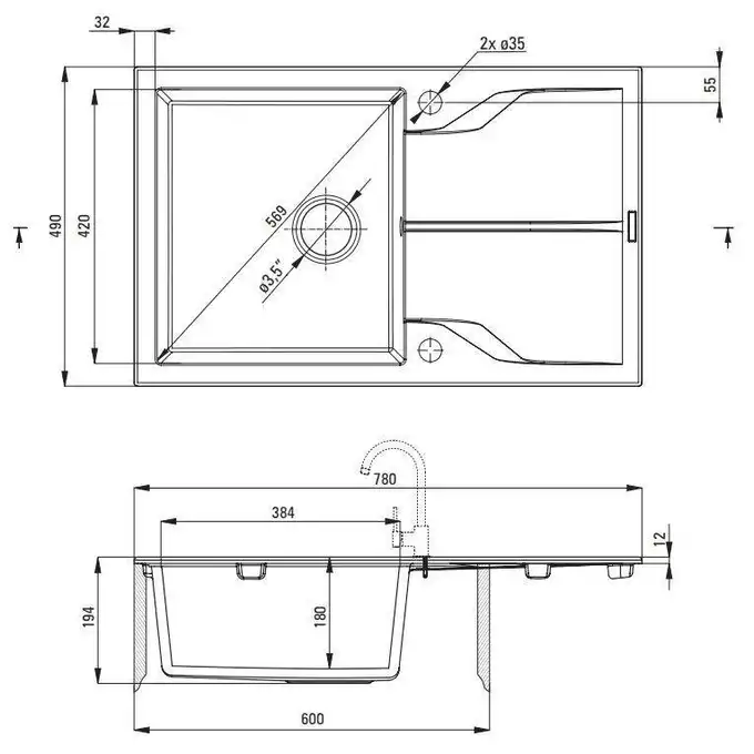 Zlewozmywak ANDANTE piaskowy granit 1-komorowy Z/O 780x490x194, 3,5&quot; + osprzęt SPACE SAVER DEANTE ZQN_7113