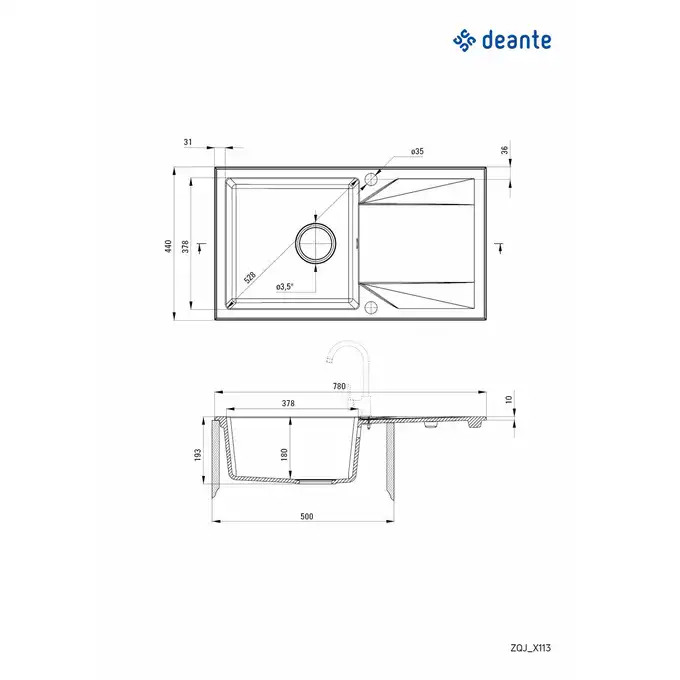 Zlewozmywak EVORA antracyt met. granit 1-kom. Z/O 780x440x193, 3,5&quot; + SPACE SAVER DEANTE ZQJ_T113