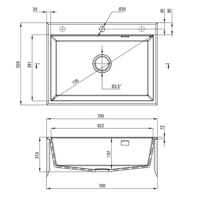 Zlewozmywak ERIDAN nero granit 1-komorowy 700x520x210, 3,5&quot; + osprzęt SPACE SAVER DEANTE ZQE_N103