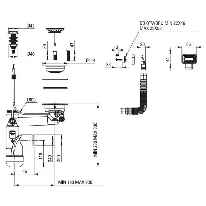 Zlewozmywak ERIDAN nero granit 1-komorowy 700x520x210, 3,5&quot; + osprzęt SPACE SAVER DEANTE ZQE_N103