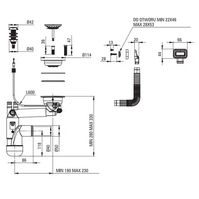 Zlewozmywak ERIDAN nero granit 1-komorowy Z/O 860x500x209 + osprzęt SPACE SAVER DEANTE ZQE_N113