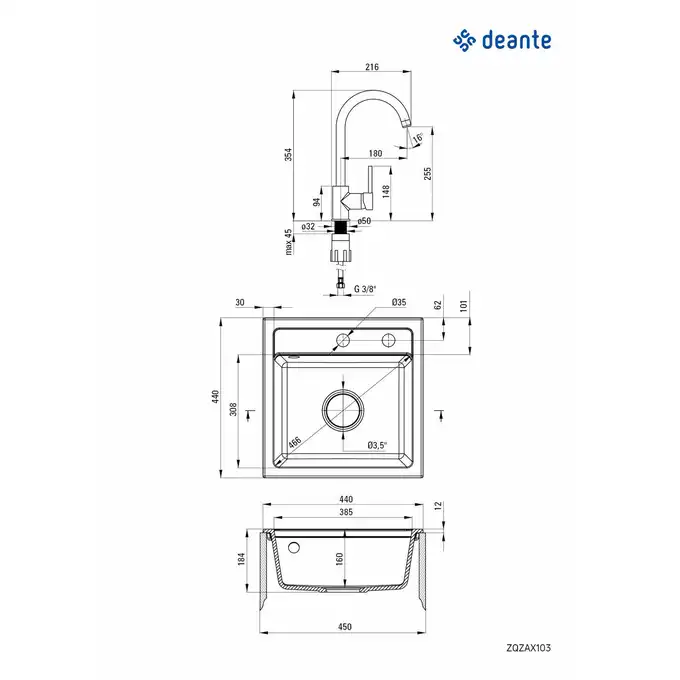 Zlewozmywak ZORBA grafitowy granit 1-kom. B/O 440x440x184, 3,5&quot; + osprzęt + Bateria NEMEZJA z wylewką &quot;U&quot; DEANTE ZQZA2103