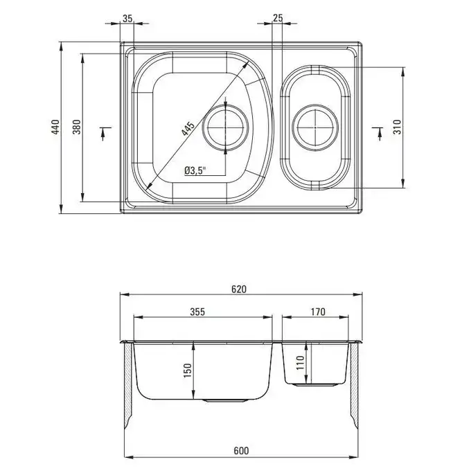 Zlewozmywak XYLO satyna 1,5-kom B/O 620X440X150, 3,5&quot; + osprzęt DEANTE ZEX_0503