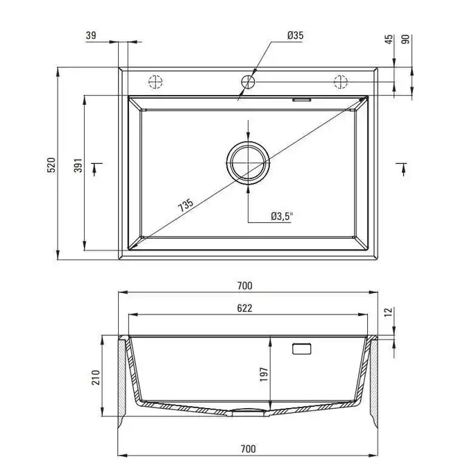 Zlewozmywak ERIDAN grafit metalik granit 1-komorowy 700x520x210, 3,5&quot; + osprzęt SPACE SAVER LUX DEANTE ZQE_G103