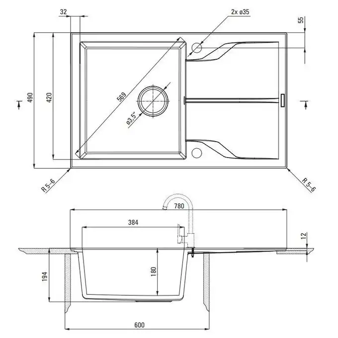 Zlewozmywak ANDANTE FLUSH alabaster granit 1-komorowy Z/O 780x490x194, 3,5&quot; + osprzęt SPACE SAVER DEANTE ZQN_A11F