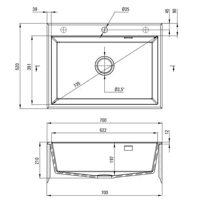 Zlewozmywak ERIDAN antracyt metalik granit 1-komorowy 700x520x210, 3,5&quot; + osprzęt SPACE SAVER LUX DEANTE ZQE_T103