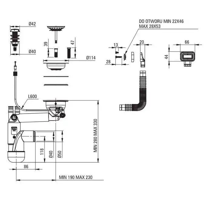 Zlewozmywak ERIDAN antracyt metalik granit 1-komorowy 700x520x210, 3,5&quot; + osprzęt SPACE SAVER LUX DEANTE ZQE_T103