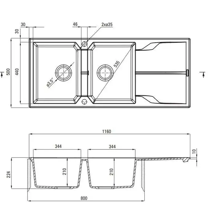 Zlewozmywak ANDANTE alabaster granit 2-komorowy Z/O 1160x500x224, 3,5&quot; + osprzęt SPACE SAVER DEANTE ZQN_A213