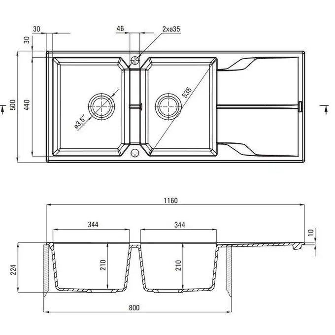 Zlewozmywak ANDANTE antracyt metalik granit 2-komorowy Z/O 1160x500x224, 3,5&quot; + osprzęt SPACE SAVER DEANTE ZQN_T213