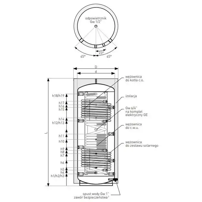 Akumulacyjny zbiornik warstwowy Multi-Inox 2000 l z wężownicą inox do c.w.u. i dwiema wężownicami spiralnymi, izolacja Neodul, skay GALMET 82-201600