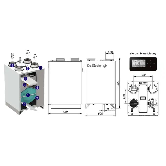 Pakiet: Gazowy kocioł kondensacyjny Evodens AMC 25 + Regulator SMART TC + Rekuperator Recovens V400 DE DIETRICH 7689096TCRU