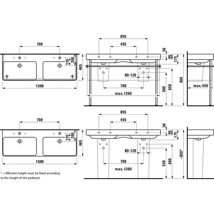 Umywalka podwójna ścienna 1300 x 460 mm LAUFEN H8149680001041