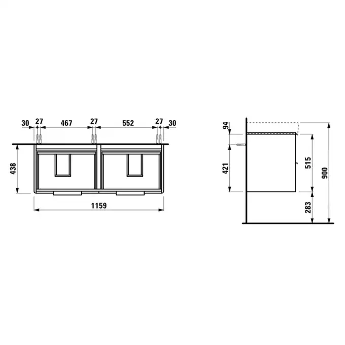 Szafka podumywalkowa BASE podwójna pod umywalkę PRO S 1159 x 515 x 438 mm, biały połysk LAUFEN H4024941102611