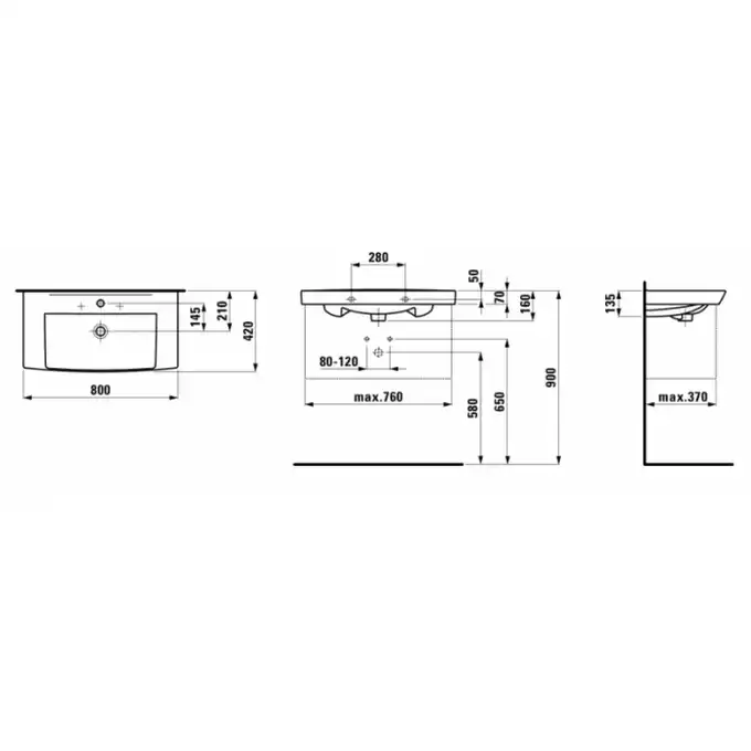 LCC Umywalka ścienna 800 x 420 mm1 otwór na baterie LAUFEN H8109574001041