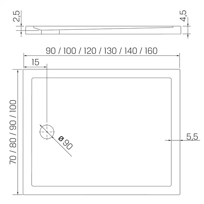 Brodzik NEW CANTARE prostokątny 100x70x4,5 obudowa zintegrowana gł. 2,5 cm, o90 NEW TRENDY B-0444