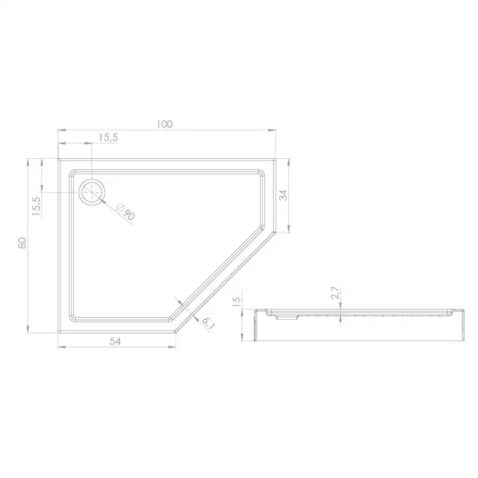 Brodzik pięciokątny NEW AZURA P 100x80x15 na stelażu gł. 3cm NEW TRENDY B-0417