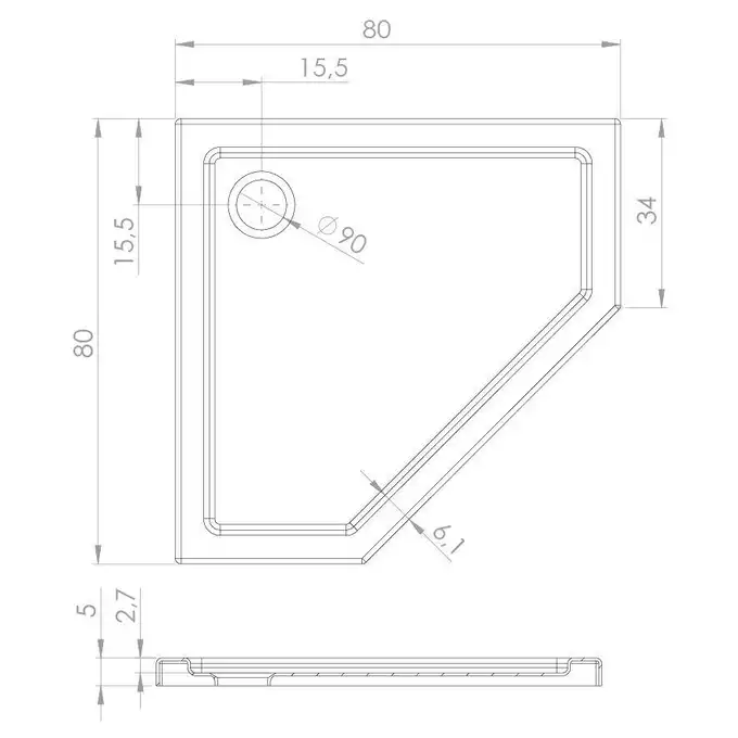 Brodzik pięciokątny NEW AZURA 80x80x5 posadzkowy gł 3 cm NEW TRENDY B-0415