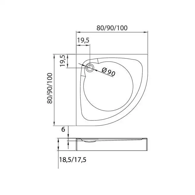 Brodzik prysznicowy CANTARE półokrągły R55 80x80x18,5 gł. 5cm - 90 (bez obudowy, podstawa stelaż) NEW TRENDY B-0308