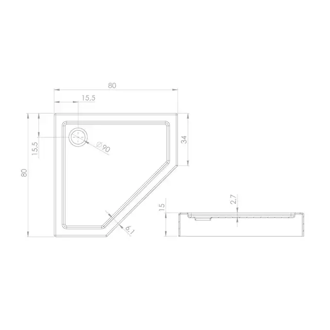 Brodzik pięciokątny NEW AZURA 80x80x15 na stelażu gł 3 cm NEW TRENDY B-0414