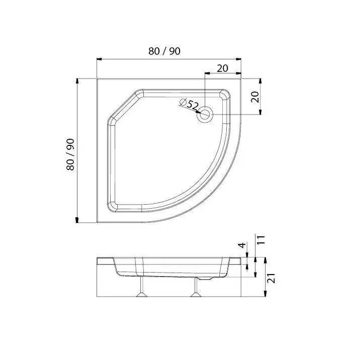 Brodzik prysznicowy ARTUS 90x90x21 półokrągły R55, podstawa stelaż, gł 11cm NEW TRENDY B-0360