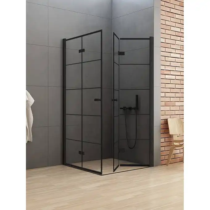 Kabina prysznicowa NEW SOLEO BLACK 2D kwadratowa 90x90x195 składane podwójne czyste 6mm AS - wzór kratka NEW TRENDY D-0289A/D-0290A