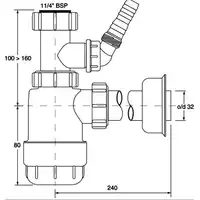 Syfon umywalkowy butelkowy &quot;niski&quot; 1 1/4&quot; x 32 mm z podłącz. pralki lub zmywarki bez spustu MCALPINE HC2WM-32