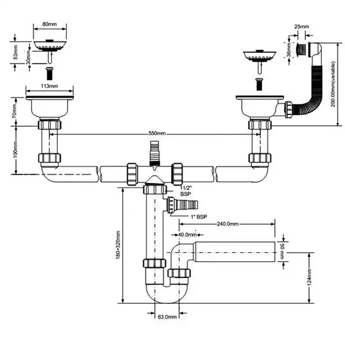 Syfon zlewozmywakowy rurowy podwójny 3,5&quot; x 50 mm z podłączeniem pralki lub zmywarki, przelew MCALPINE HC7HC12-POL1-25