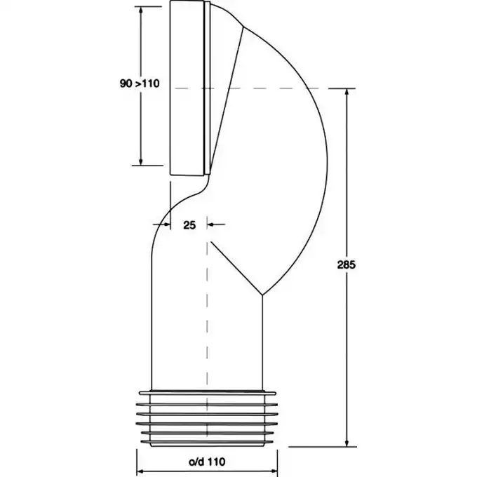 Przyłącze kanalizacyjne, długie L-275 mm, wejście 90-110 mm, wyjście 110 mm, kąt  90 tzw. łuk MCALPINE HC42