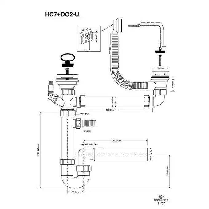 Syfon zlewozmywakowy rurowy podwójny 11/2&quot;X50mm z podłączeniem pralki i zmywarki, przelew MCALPINE HC7+DO2-U