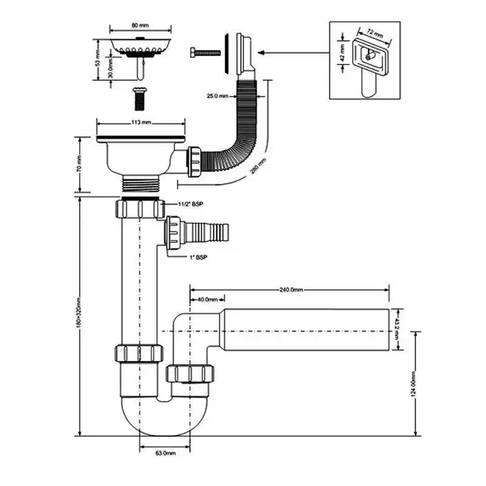 Syfon zlewozmywakowy rurowy 3,5&quot; x 50 mm z podłączeniem do pralki lub zmywarki, spust z przelewem MCALPINE HC7+FSW50PR