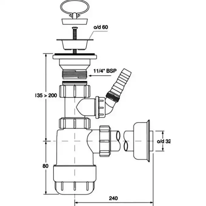 Syfon umywalkowy butelkowy &quot;niski&quot; 1 1/4&quot; x 32 mm z podłącz. pralki lub zmywarki MCALPINE HC1LWM