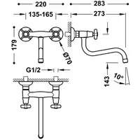 Bateria zlewozmywakowa stojąca ścienna Górną 273 mm (do ściany) Mosiądz z efektem postarzenia matowy TRES 24231001LM